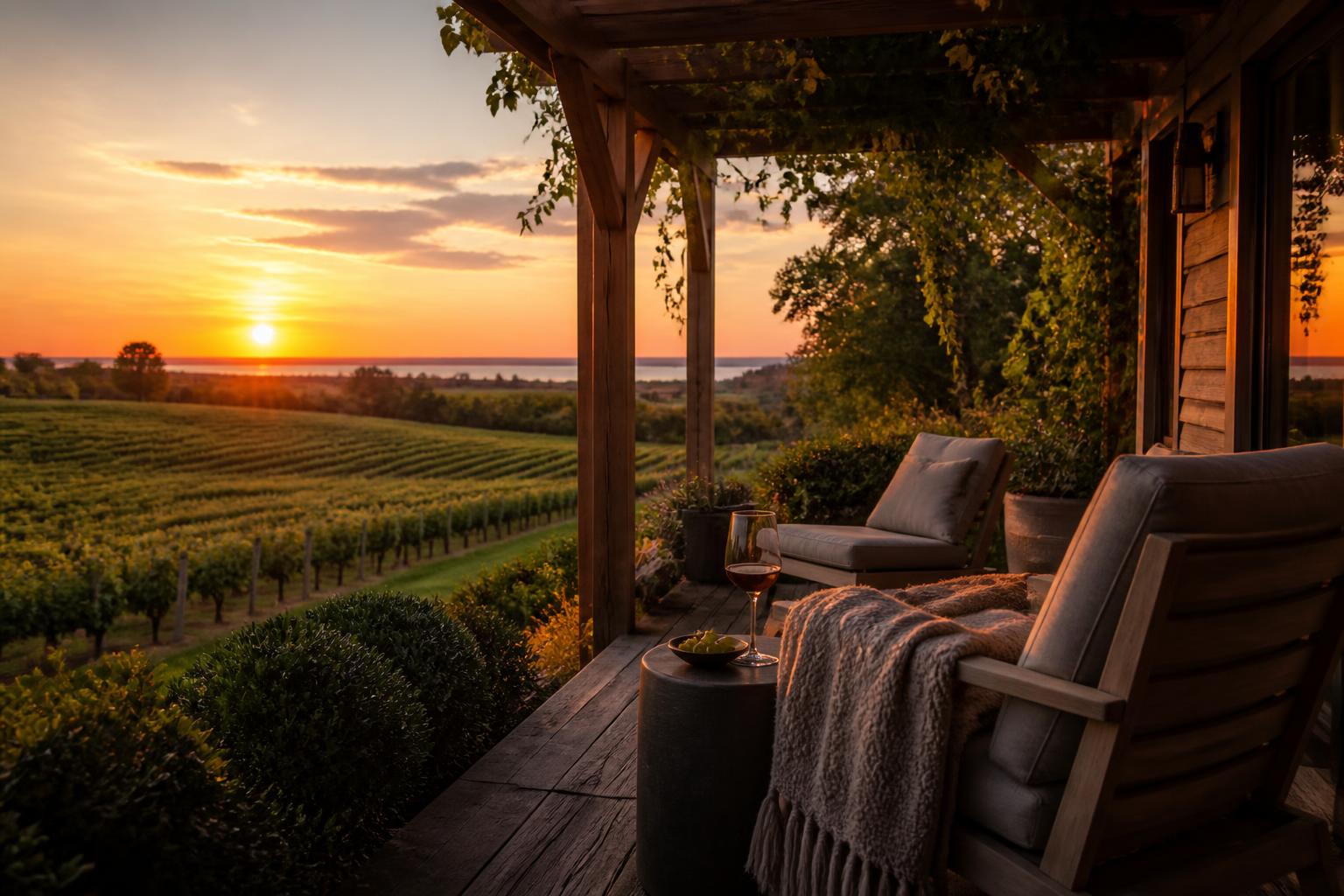 Quiet patio overlooking trees at sunset
